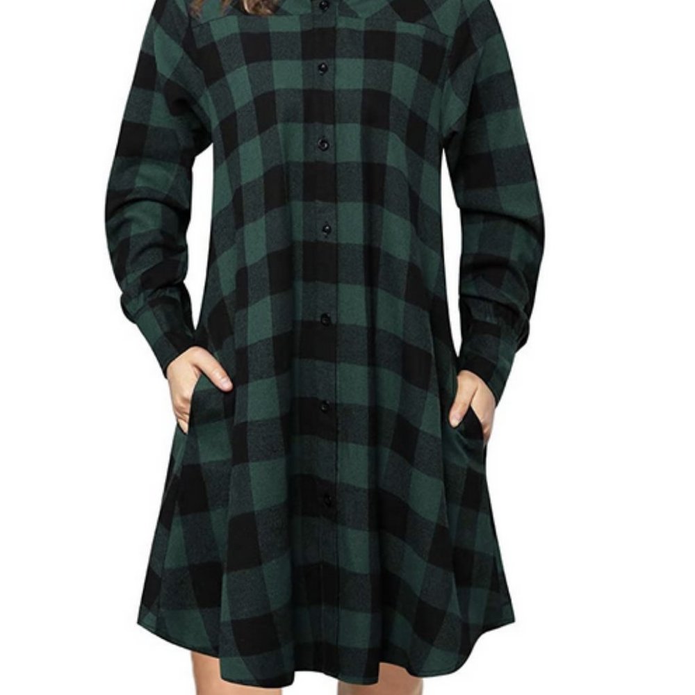 Casual Long Sleeve Checkered Plaid Swing Tunic Shirt Dress Size M
